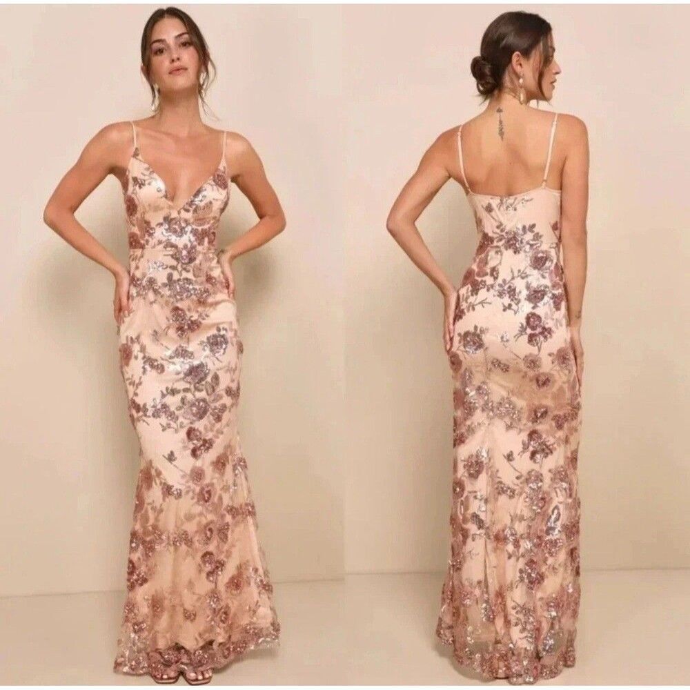 Lulus Shine Language Rose Gold Sequin Mermaid Maxi Dress Size XS NWT Formal prom